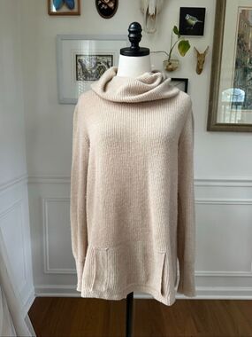 Knit & Lynk 100% Cashmere Ribbed Cowl Neck Oversized Knit Sweater Kangaroo Pocke